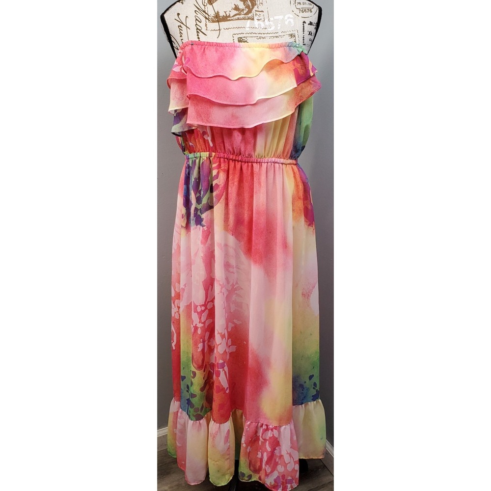 Lane Bryant Maxi Dress Womens 14/16 Multi Watercolor Chiffon Ruffle Strapless